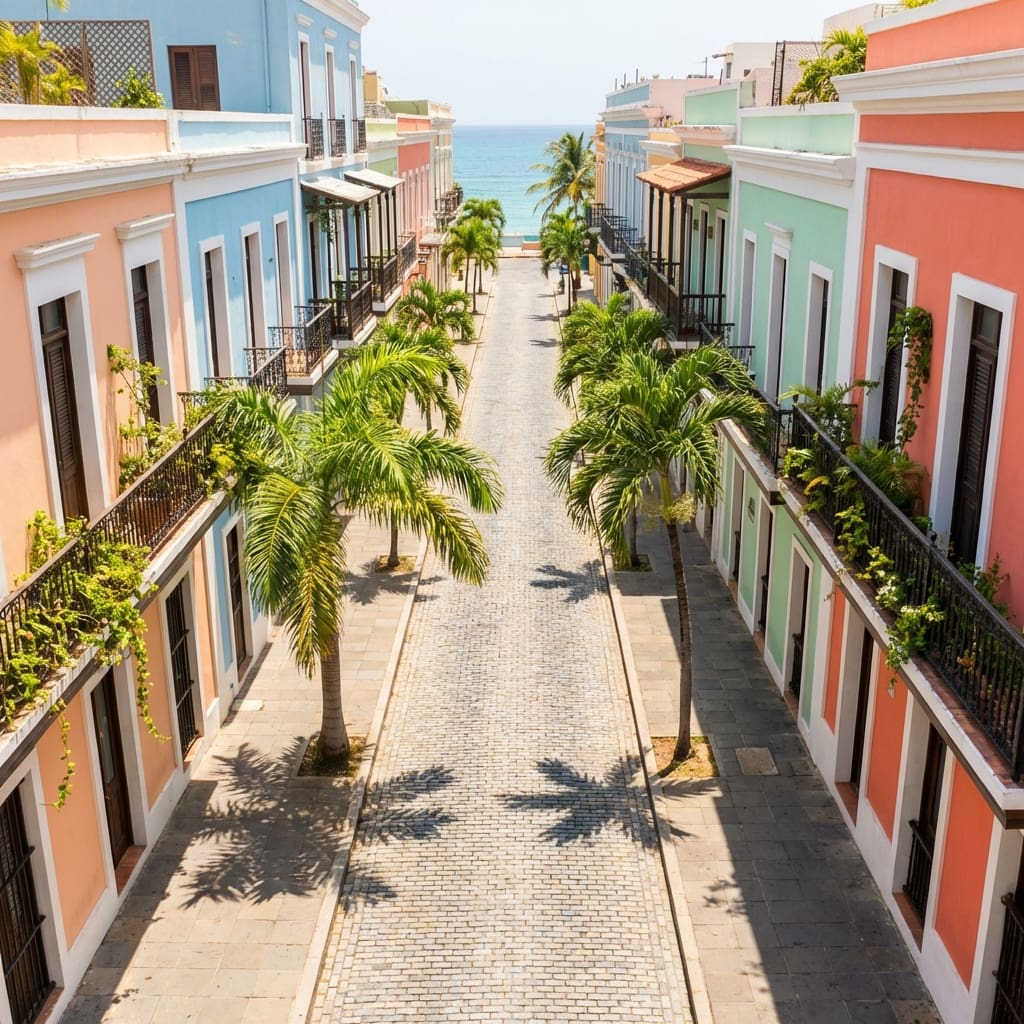 Colorful colonial buildings lining a cobblestone street in Old San Juan, Puerto Rico, with palm trees and ocean views in the background